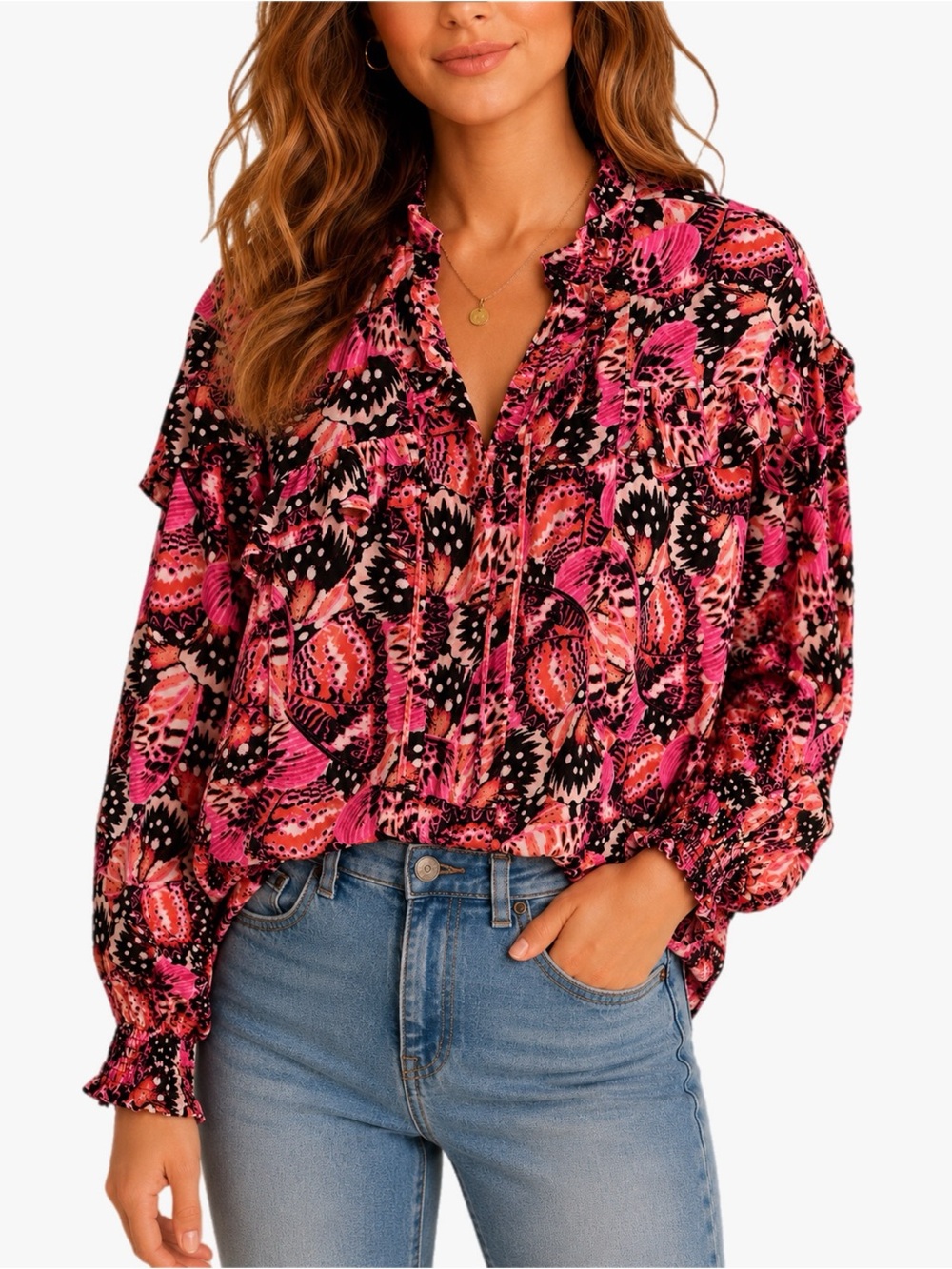 Counterparts XL Abstract Print Ruffle Tie Neck Blouse Pink Black Long Sleeve Top